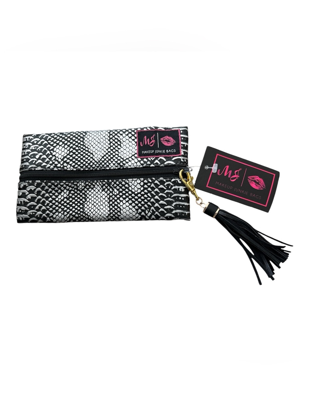 NWT: Makeup Junkie Bags Black & White Snake Print Cosmetic Bag